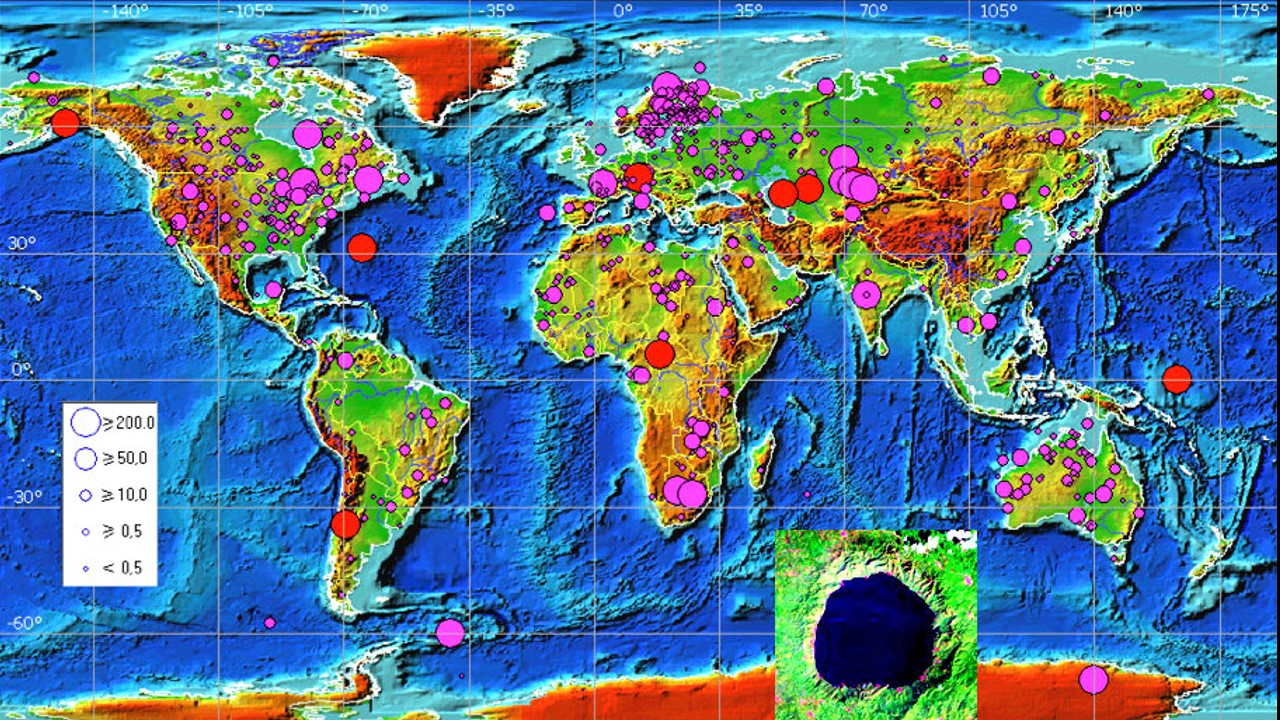 Самая большая карта земли. Карта кратеров земли. Ударные кратеры на земле карта. Карта метеоритных кратеров на земле. Кратеры от метеоритов на земле карта.